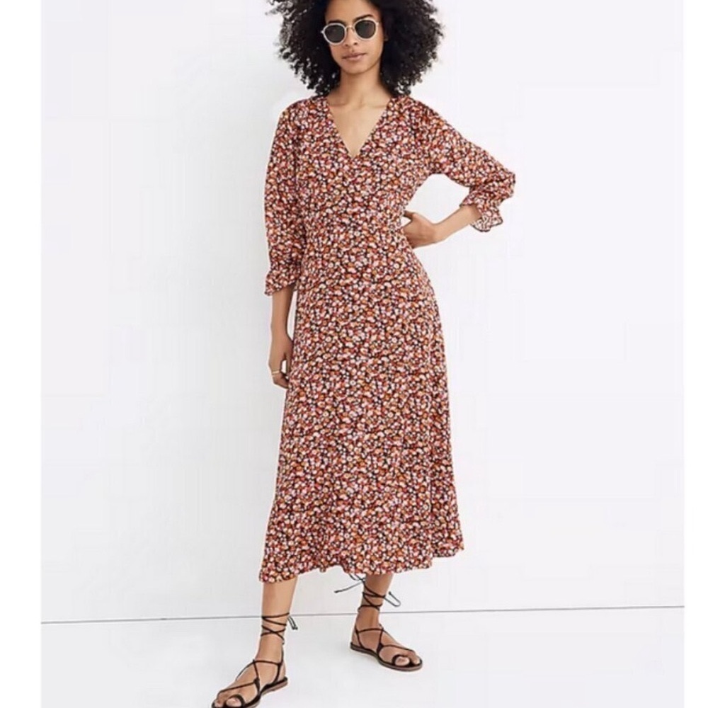 MADEWELL Like New Clipdot Spring Prairie Long Sleeve Crossover MIDI Dress Size 0